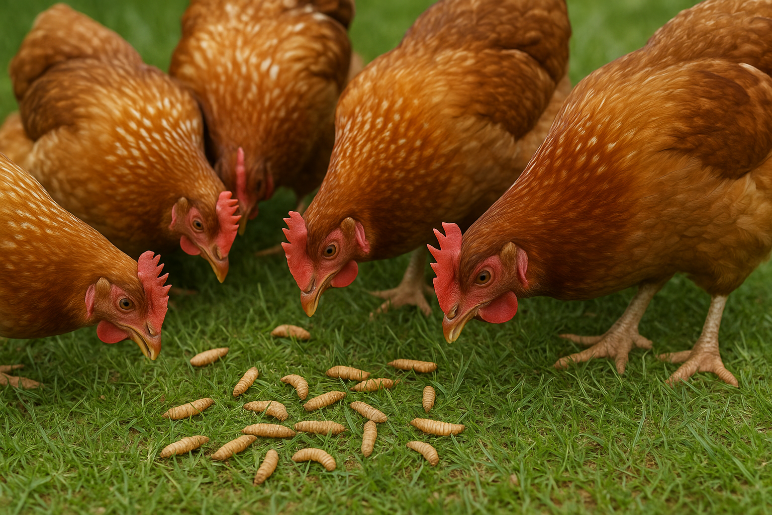 chickens on grass eating larvae
